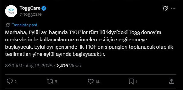 Togg T10F için geri sayım başladı: Satış tarihi netleşti!